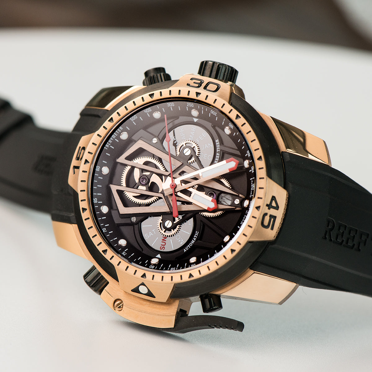 Reef Tiger Aurora Concept 2 RGA3591 Skeleton Automatic Self-Winding Waterproof Watches for Men - Rose Gold Stainless Steel Case/Strap