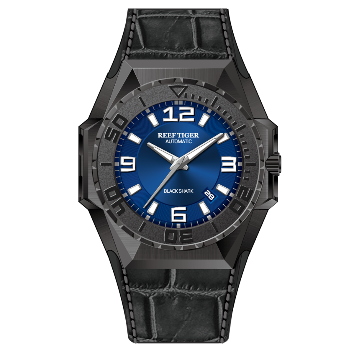 Reef Tiger RGA6903 Black Case Men Mechanical Watches Leather/Rubber/Stainless Steel Diving Watch - Blue Dial & 200M Waterproof