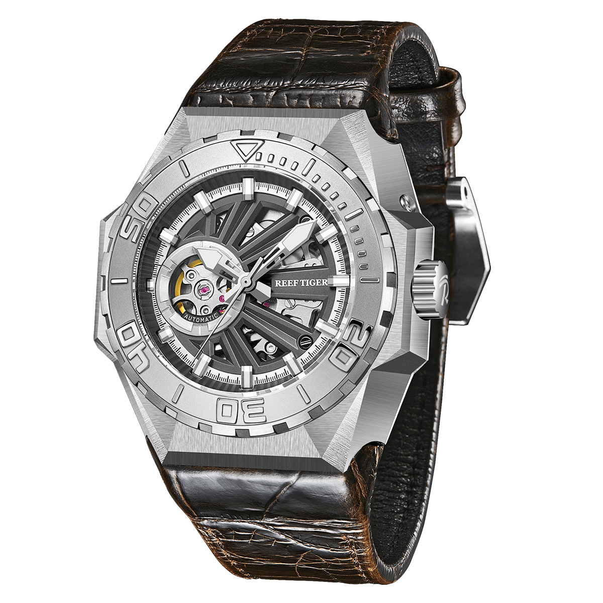 Reef Tiger Black Shark RGA6903-S 43mm Luxury Dive Skeleton Watch - NH70A Automatic Mechanical Movement Watches For Men