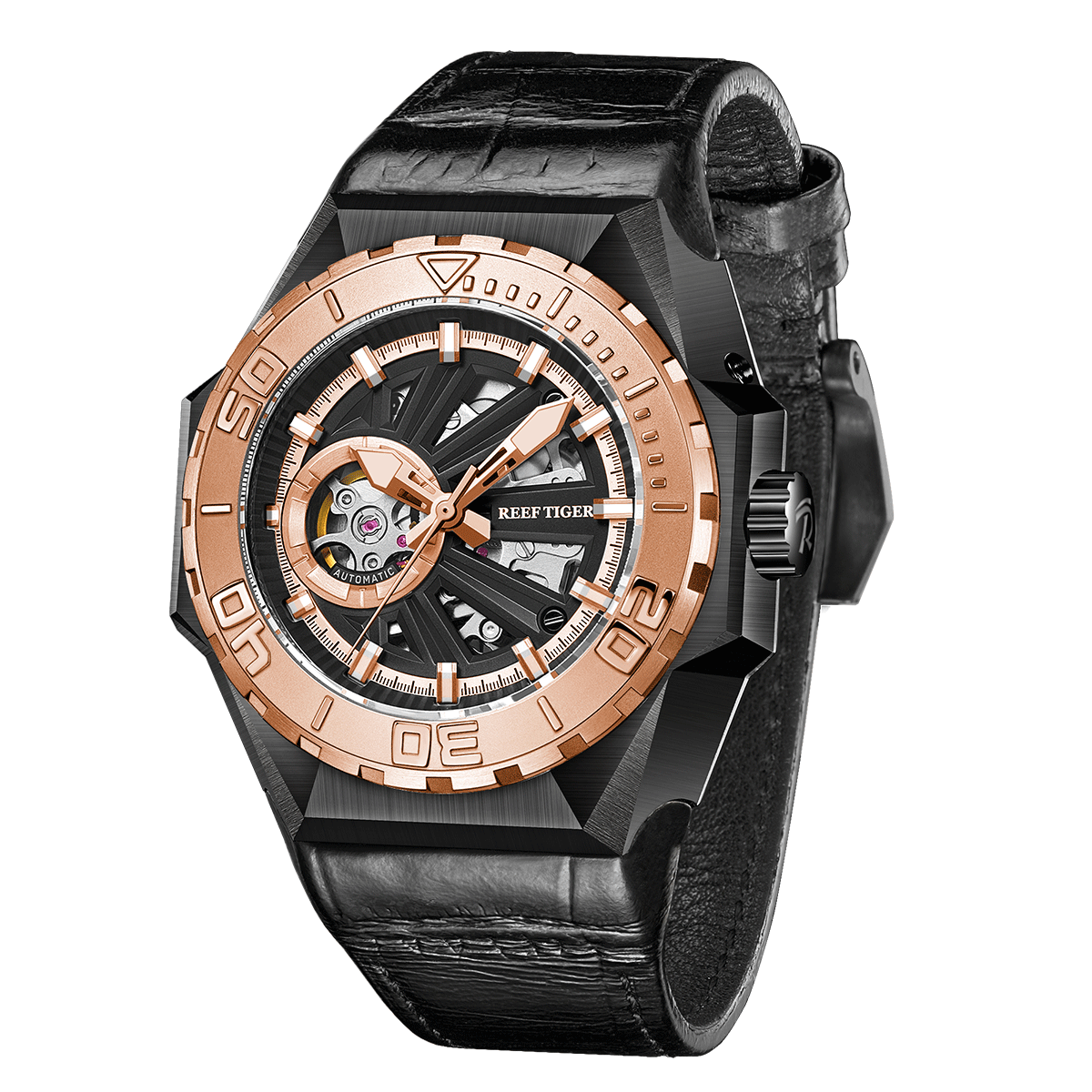 Reef Tiger RGA6903-S Rose Gold 43mm 100M Diving Skeleton Watches - NH36A Movement Mens Automatic Watch