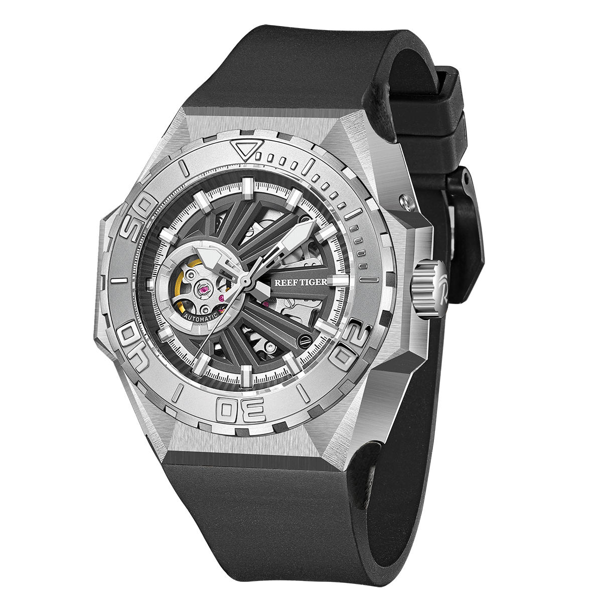 Reef Tiger Black Shark RGA6903-S 43mm Luxury Dive Skeleton Watch - NH70A Automatic Mechanical Movement Watches For Men