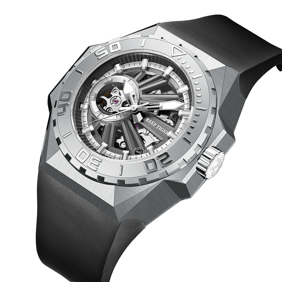 Reef Tiger Black Shark RGA6903-S 43mm Luxury Dive Skeleton Watch - NH70A Automatic Mechanical Movement Watches For Men