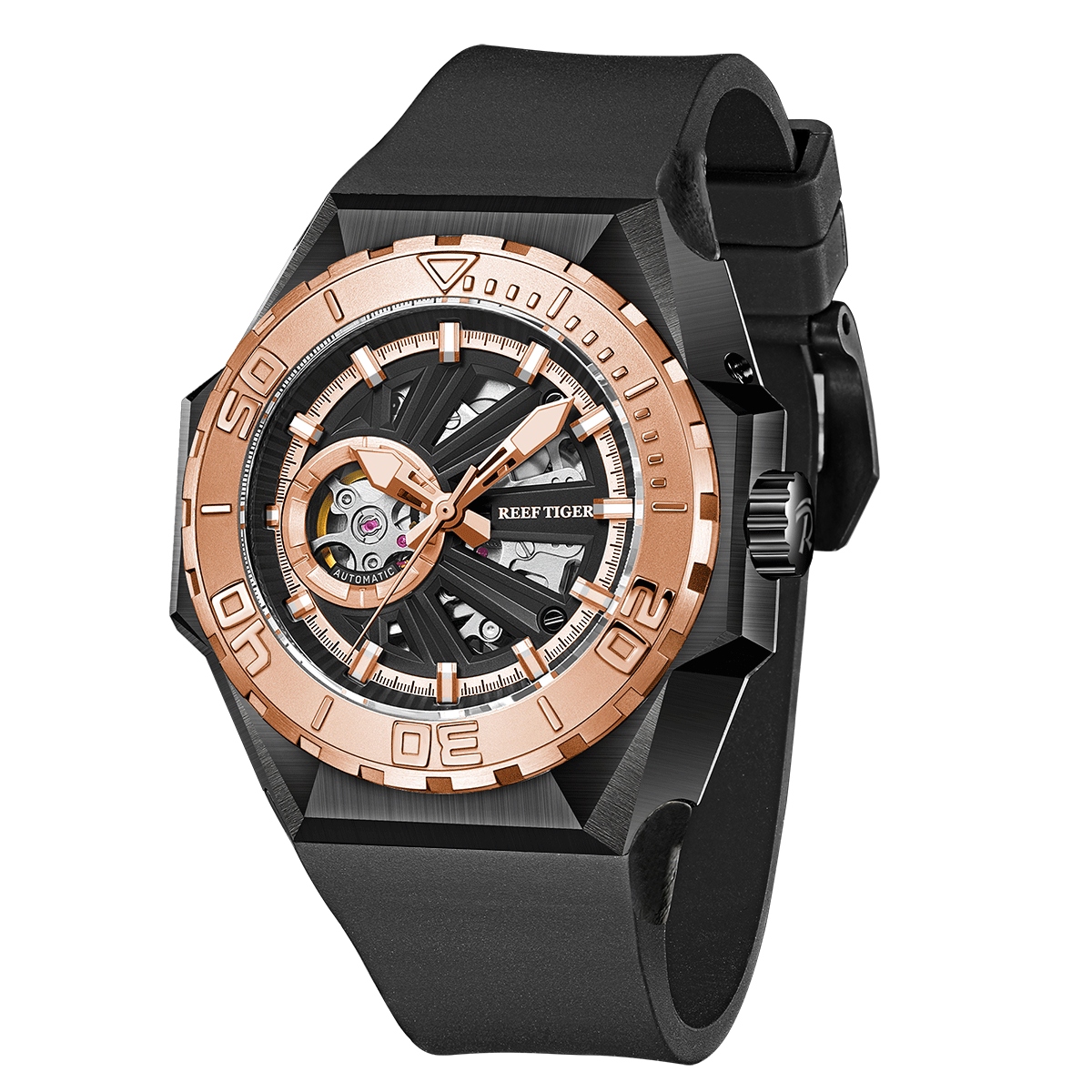 Reef Tiger RGA6903-S Rose Gold 43mm 100M Diving Skeleton Watches - NH36A Movement Mens Automatic Watch