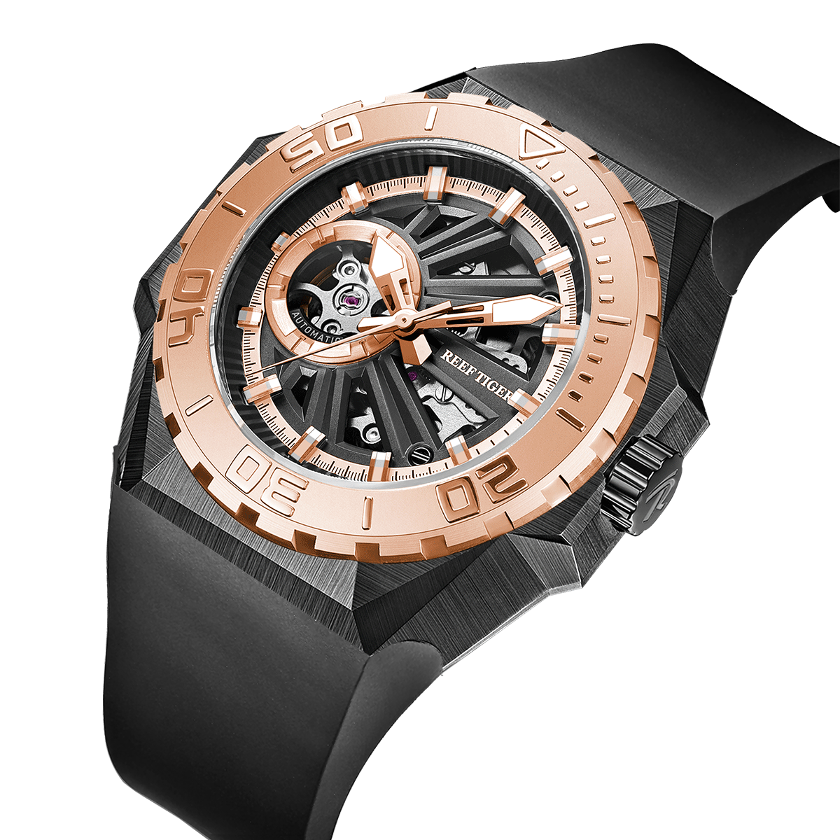 Reef Tiger RGA6903-S Rose Gold 43mm 100M Diving Skeleton Watches - NH36A Movement Mens Automatic Watch