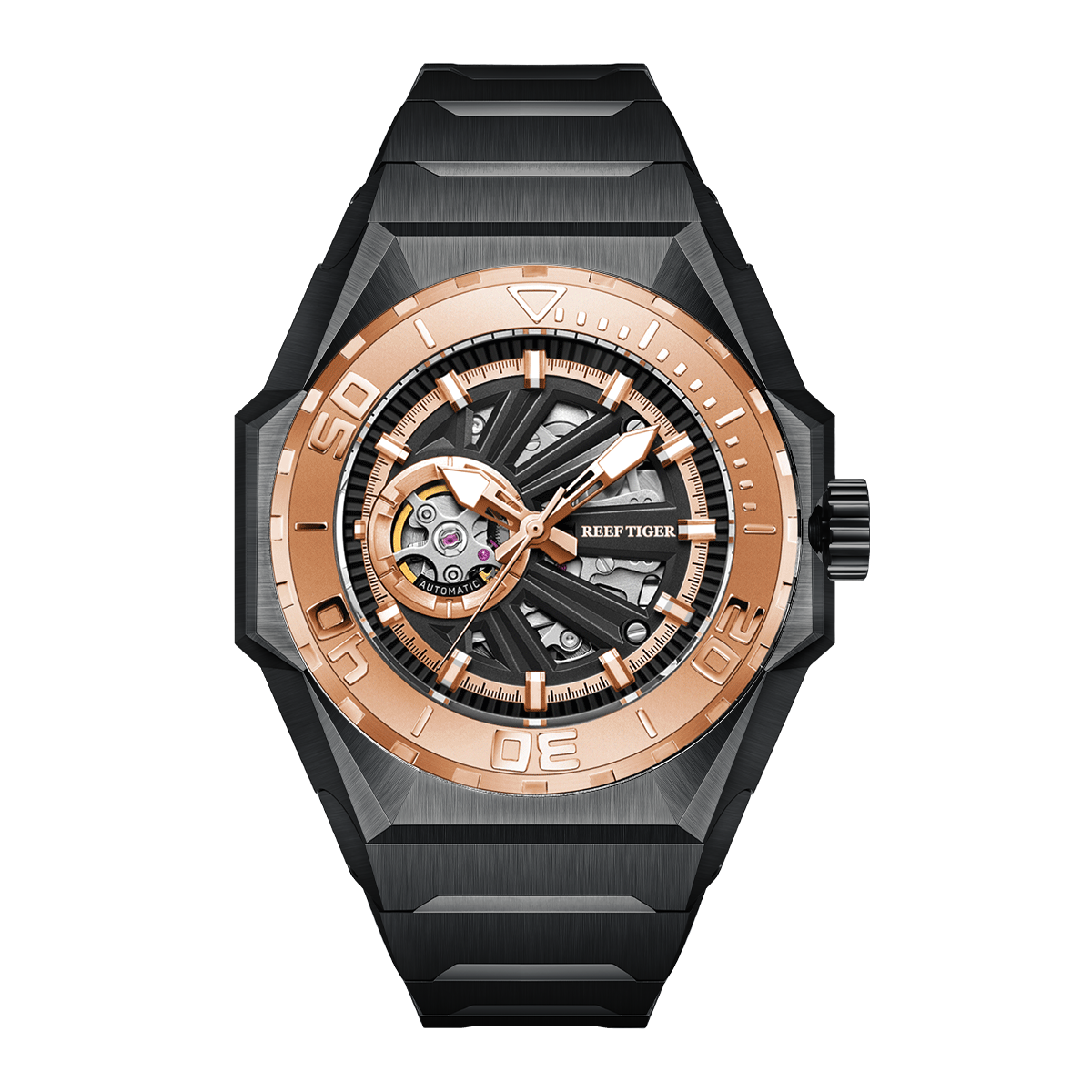 Reef Tiger RGA6903-S Rose Gold 43mm 100M Diving Skeleton Watches - NH36A Movement Mens Automatic Watch