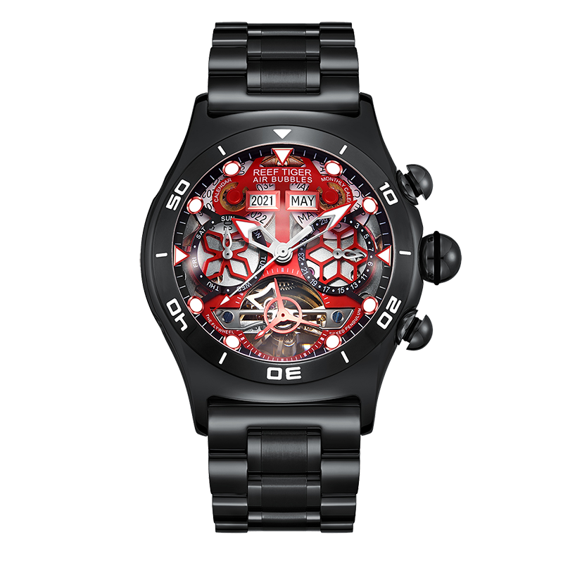 All Black Reef Tiger Aurora RGA703 Mens Sport Automatic Skeleton Red Dial Watches