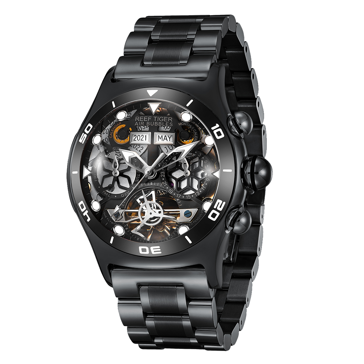 All Black Reef Tiger RGA703 Men Sport Automatic Skeleton Watch with Date Day