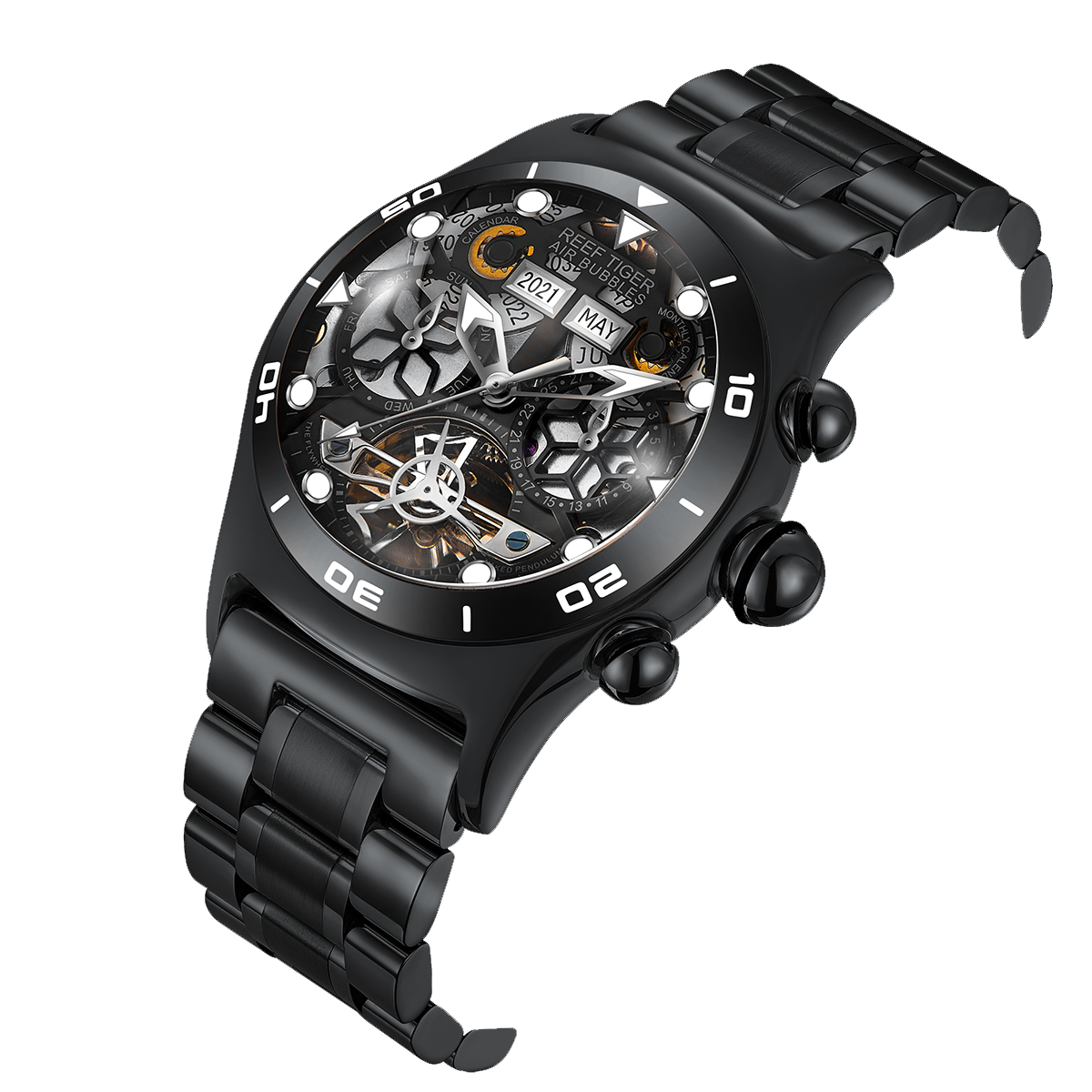 All Black Reef Tiger RGA703 Men Sport Automatic Skeleton Watch with Date Day