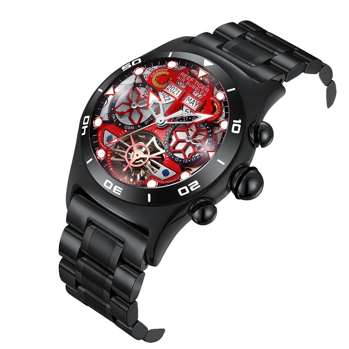 All Black Reef Tiger Aurora RGA703 Mens Sport Automatic Skeleton Red Dial Watches