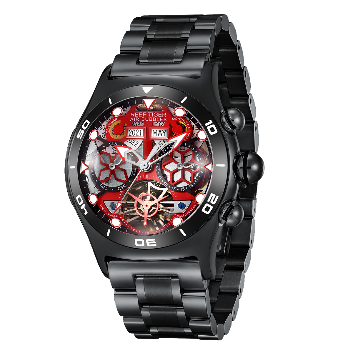 All Black Reef Tiger Aurora RGA703 Mens Sport Automatic Skeleton Red Dial Watches