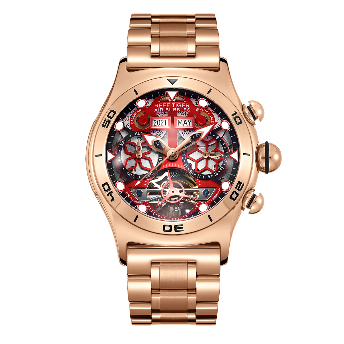 Reef Tiger Aurora RGA703 Rose Gold Automatic Men's 44mm Skeleton Red Dial Watch