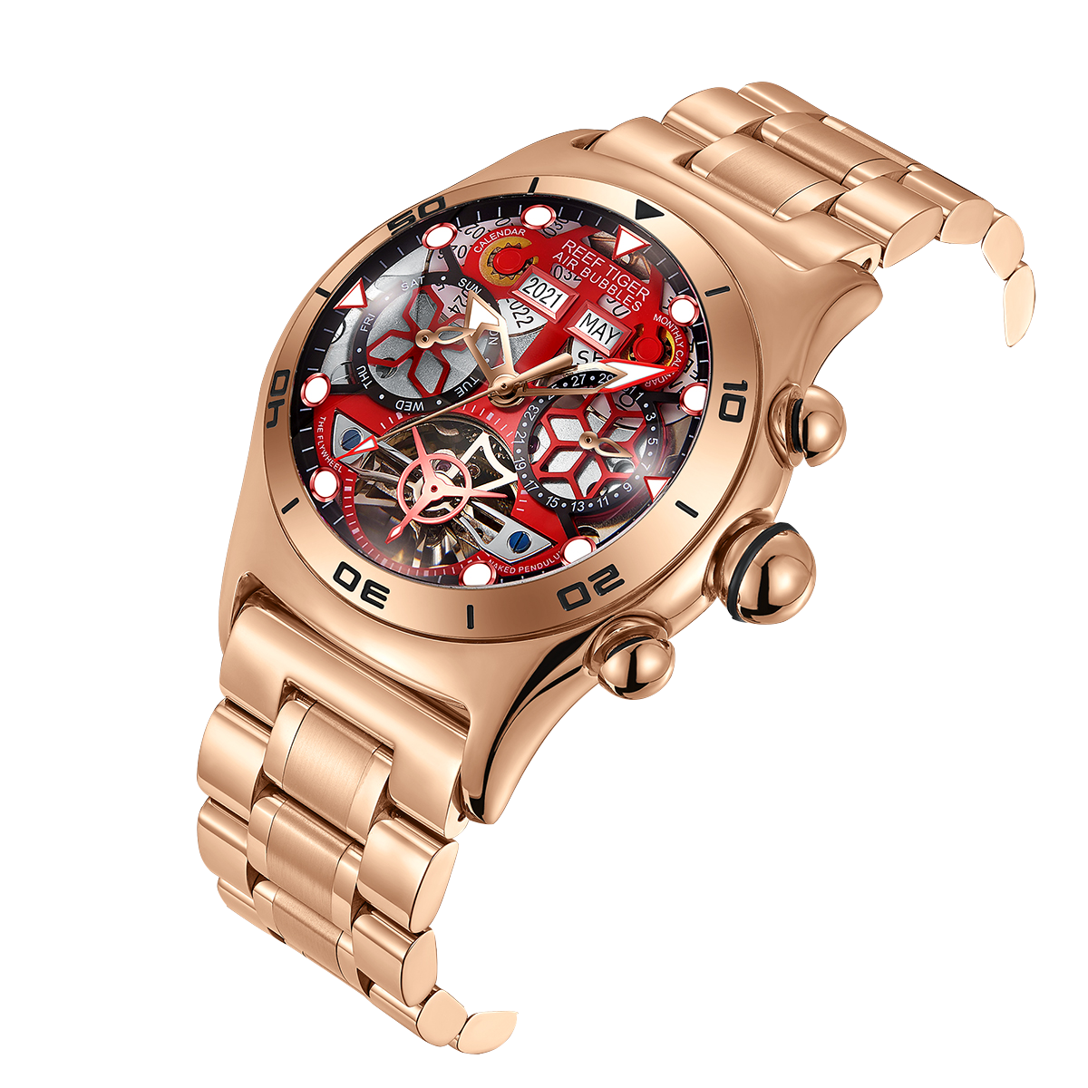 Reef Tiger Aurora RGA703 Rose Gold Automatic Men's 44mm Skeleton Red Dial Watch