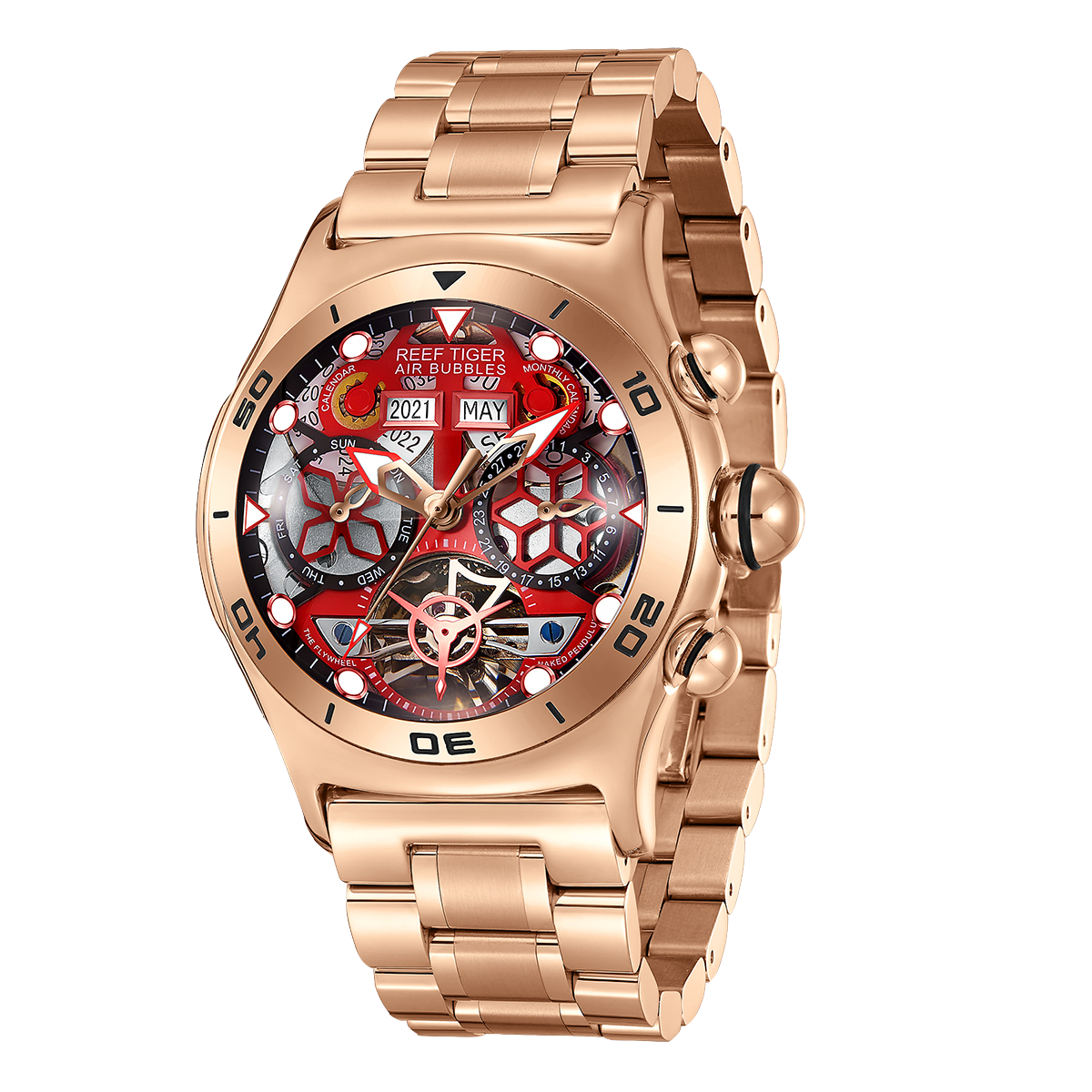 Reef Tiger Aurora RGA703 Rose Gold Automatic Men's 44mm Skeleton Red Dial Watch