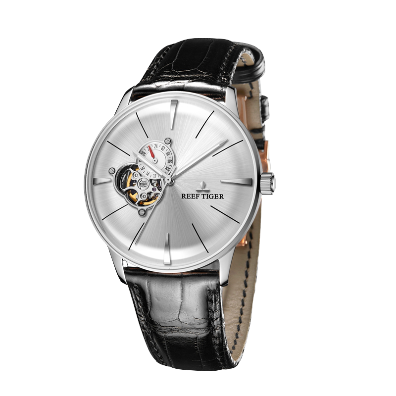 Luxury Men's Automatic Mechanical Dress Watch with White Tourbillon Style Dial Design - Reef Tiger Classic Glory RGA8239