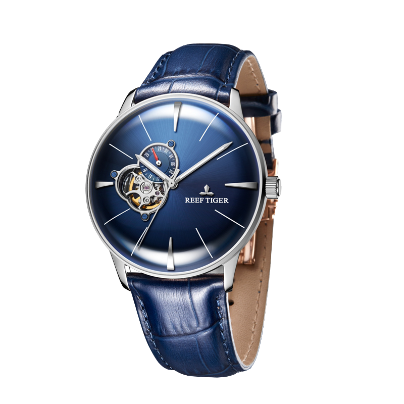 Reef Tiger Classic RGA8239 Fashion Mens Automatic Mechanical Watch with Design Blue Tourbillon Style Dial Display Wrist Watches