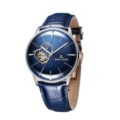 Reef Tiger Classic RGA8239 Fashion Mens Automatic Mechanical Watch with Design Blue Tourbillon Style Dial Display Wrist Watches