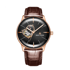 Reef Tiger RGA8239 Men's Business Automatic Mechanical Watch - Fashion Rose Gold Case and Black Tourbillon Style Dial Design