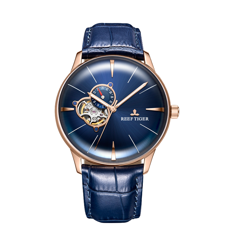 Reef Tiger Classic RGA8239 Business Casual Style Automatic Watch For Men - Rose Gold Case and Blue Tourbillon Style Dial Design