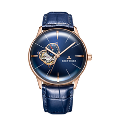 Reef Tiger Classic RGA8239 Business Casual Style Automatic Watch For Men - Rose Gold Case and Blue Tourbillon Style Dial Design