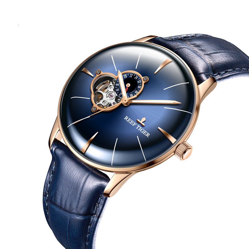 Reef Tiger Classic RGA8239 Business Casual Style Automatic Watch For Men - Rose Gold Case and Blue Tourbillon Style Dial Design