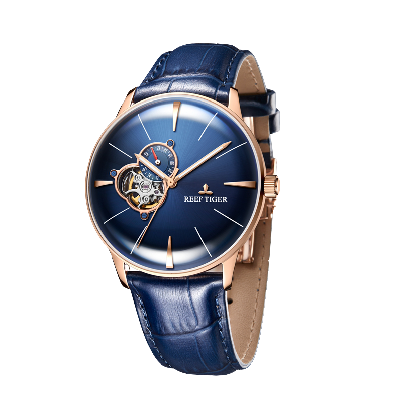 Reef Tiger Classic RGA8239 Business Casual Style Automatic Watch For Men - Rose Gold Case and Blue Tourbillon Style Dial Design