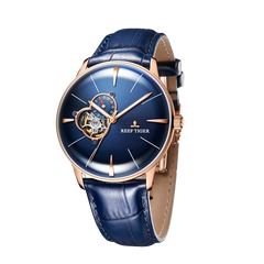 Reef Tiger Classic RGA8239 Business Casual Style Automatic Watch For Men - Rose Gold Case and Blue Tourbillon Style Dial Design