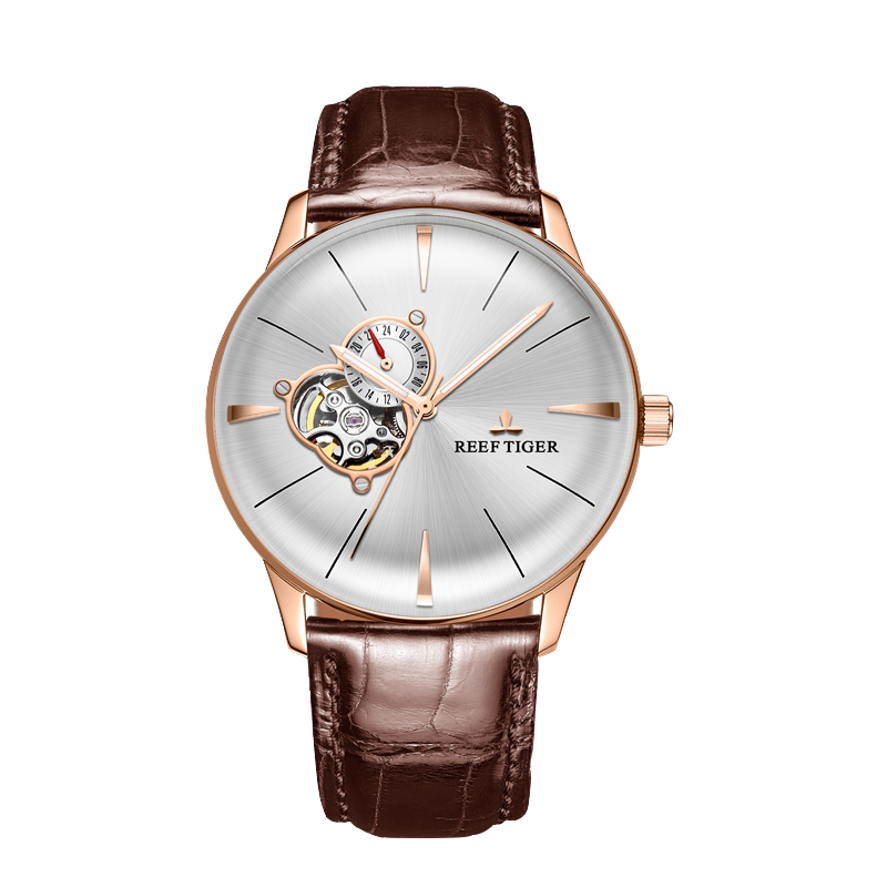 Reef Tiger RGA8239 Classic Business Mechanical Rose Gold Watch For Men, Luxury Tourbillon Style Dial Design