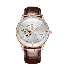 Reef Tiger RGA8239 Classic Business Mechanical Rose Gold Watch For Men, Luxury Tourbillon Style Dial Design