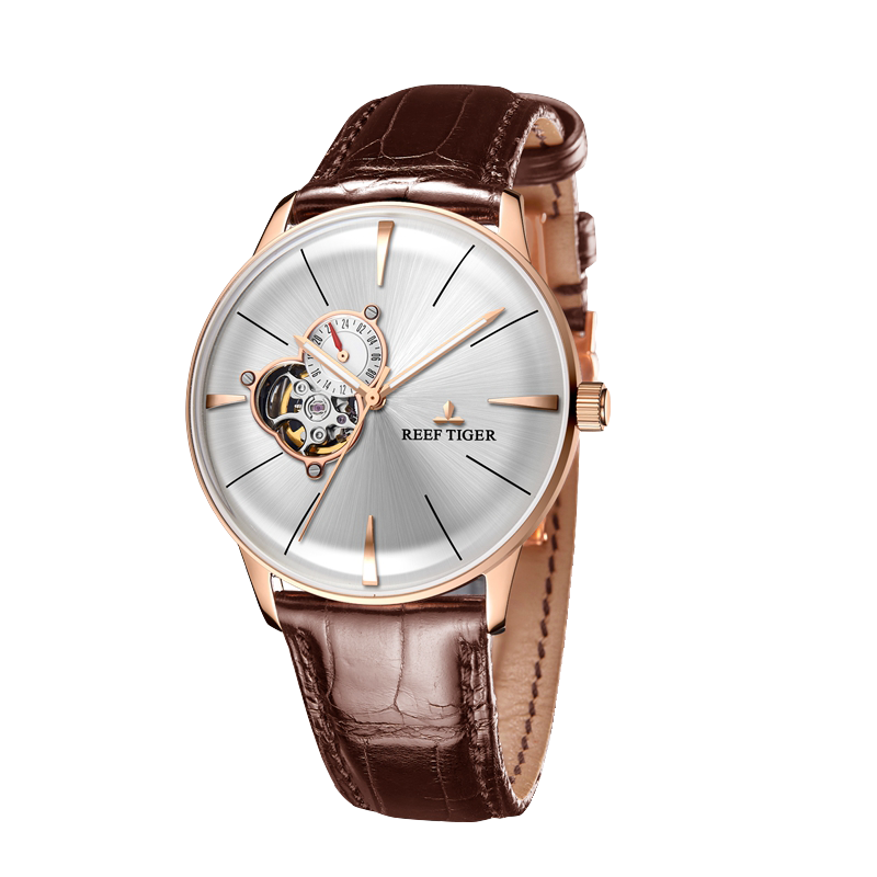 Reef Tiger RGA8239 Classic Business Mechanical Rose Gold Watch For Men, Luxury Tourbillon Style Dial Design