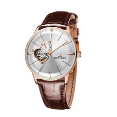 Reef Tiger RGA8239 Classic Business Mechanical Rose Gold Watch For Men, Luxury Tourbillon Style Dial Design