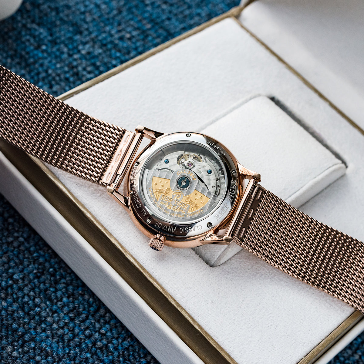 42mm Black Dial Rose Gold RGA82B0-2 Automatic Mechanial Wristwatches For Men - REEF TIGER Waterpoorf Vintage Watch