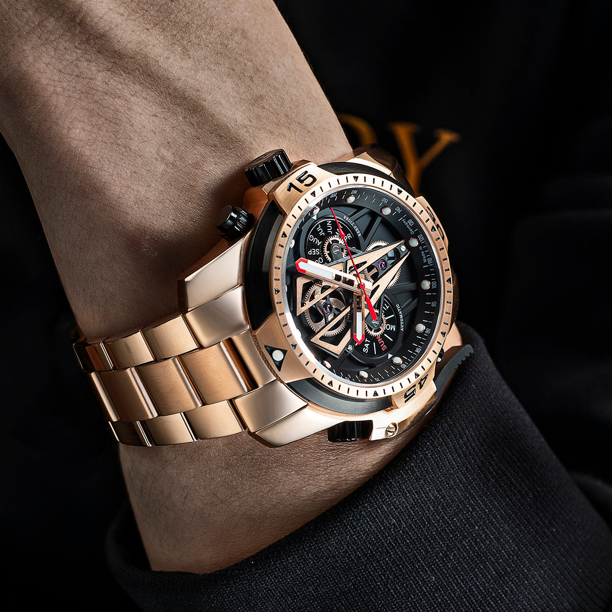 Reef Tiger Aurora Concept 2 RGA3591 Skeleton Automatic Self-Winding Waterproof Watches for Men - Rose Gold Stainless Steel Case/Strap