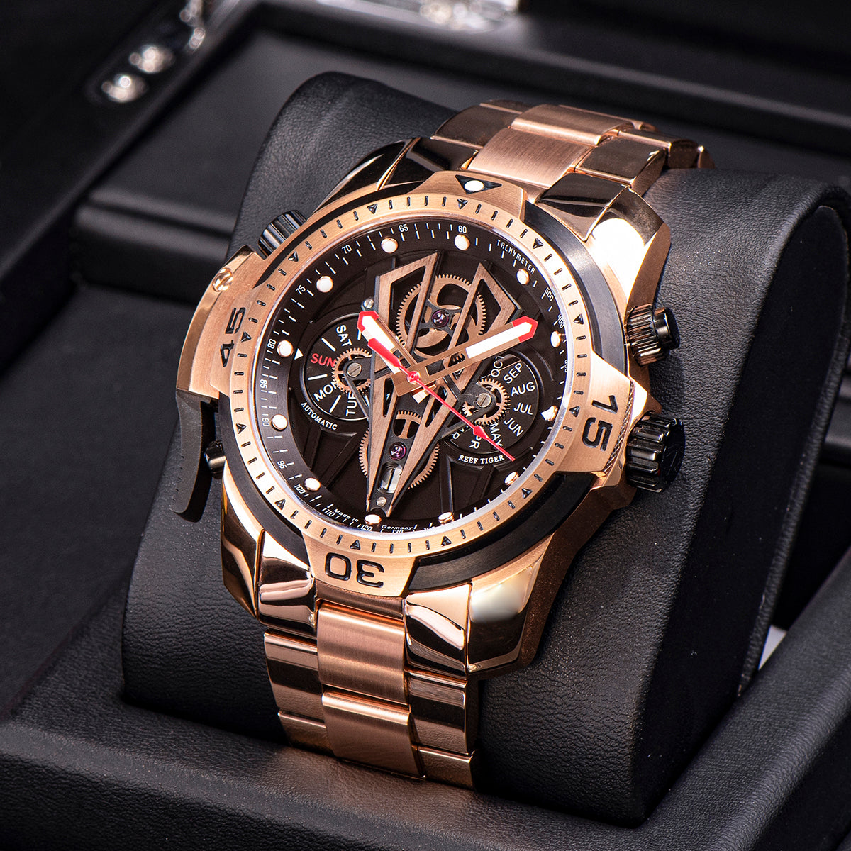 Reef Tiger Aurora Concept 2 RGA3591 Skeleton Automatic Self-Winding Waterproof Watches for Men - Rose Gold Stainless Steel Case/Strap