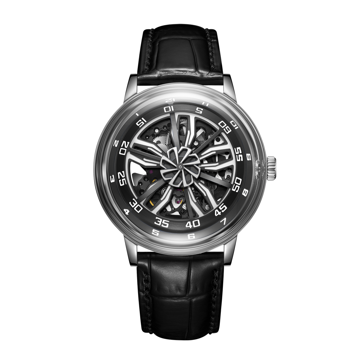 OBLVLO SCM-SK 42mm Automatic Skeleton Watches with Cool Unique Supercar Alloy Wheels Black Dial Design Watch