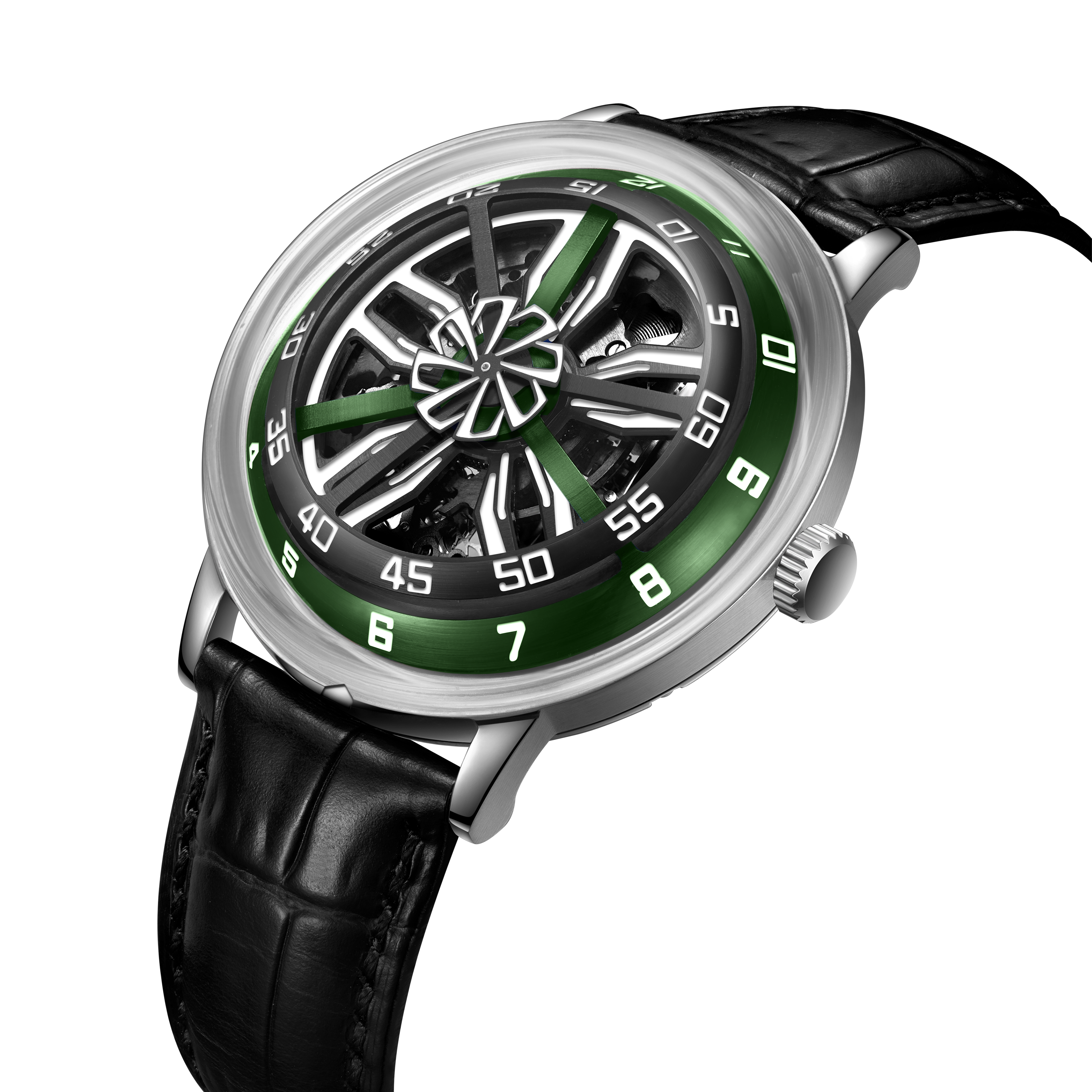 Cool 42mm Supercar Alloy Wheels Green Dial Automatic Watch -OBLVLO SCM-SK Unique Skeleton Watches