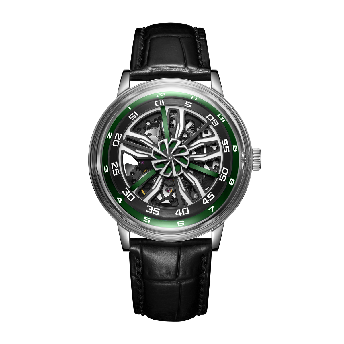 Cool 42mm Supercar Alloy Wheels Green Dial Automatic Watch -OBLVLO SCM-SK Unique Skeleton Watches