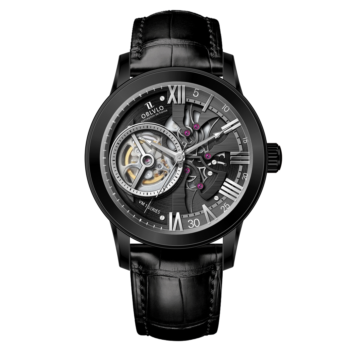 Luxury OBLVLO VMQ Series - Affordable All Black/Diamond Zirconia Case Mens Automatic Tourbillon Style Dial Dress Watches