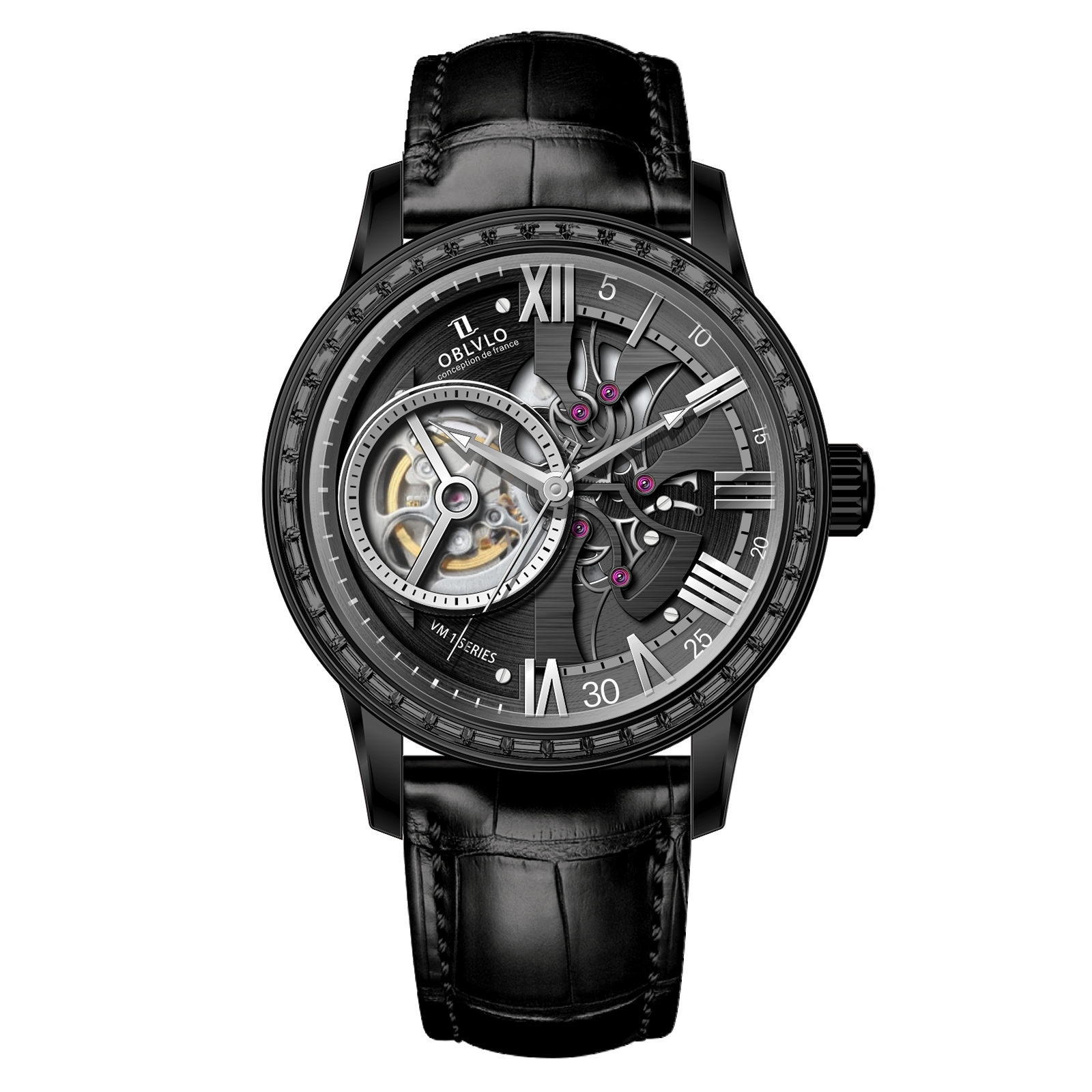 Luxury OBLVLO VMQ Series - Affordable All Black/Diamond Zirconia Case Mens Automatic Tourbillon Style Dial Dress Watches