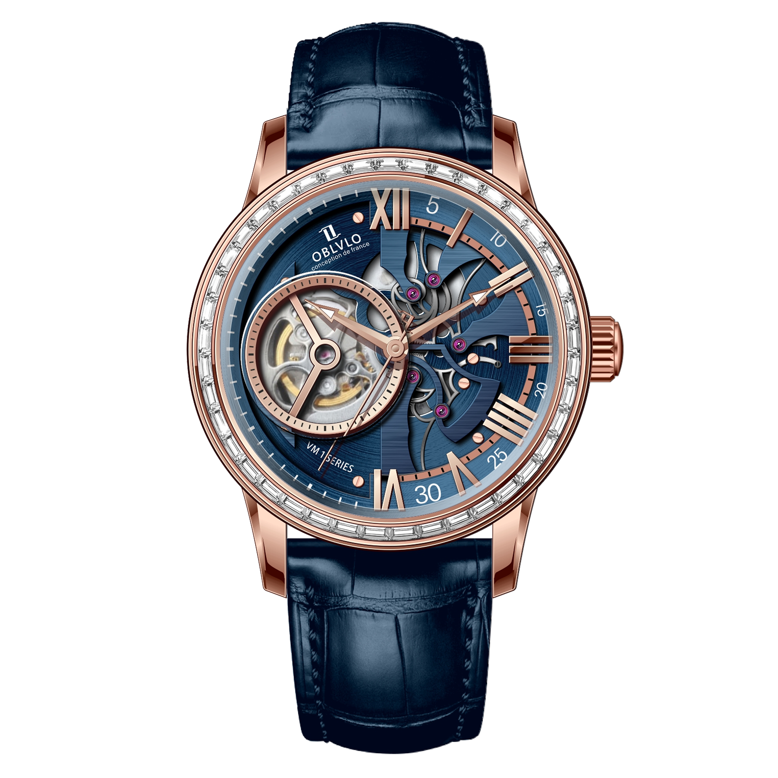 Best Affordable Luxury Rose Gold Zirconia Automatic Tourbillon Style Blue Dial Dress Watches For Men - OBLVLO VMQ Series