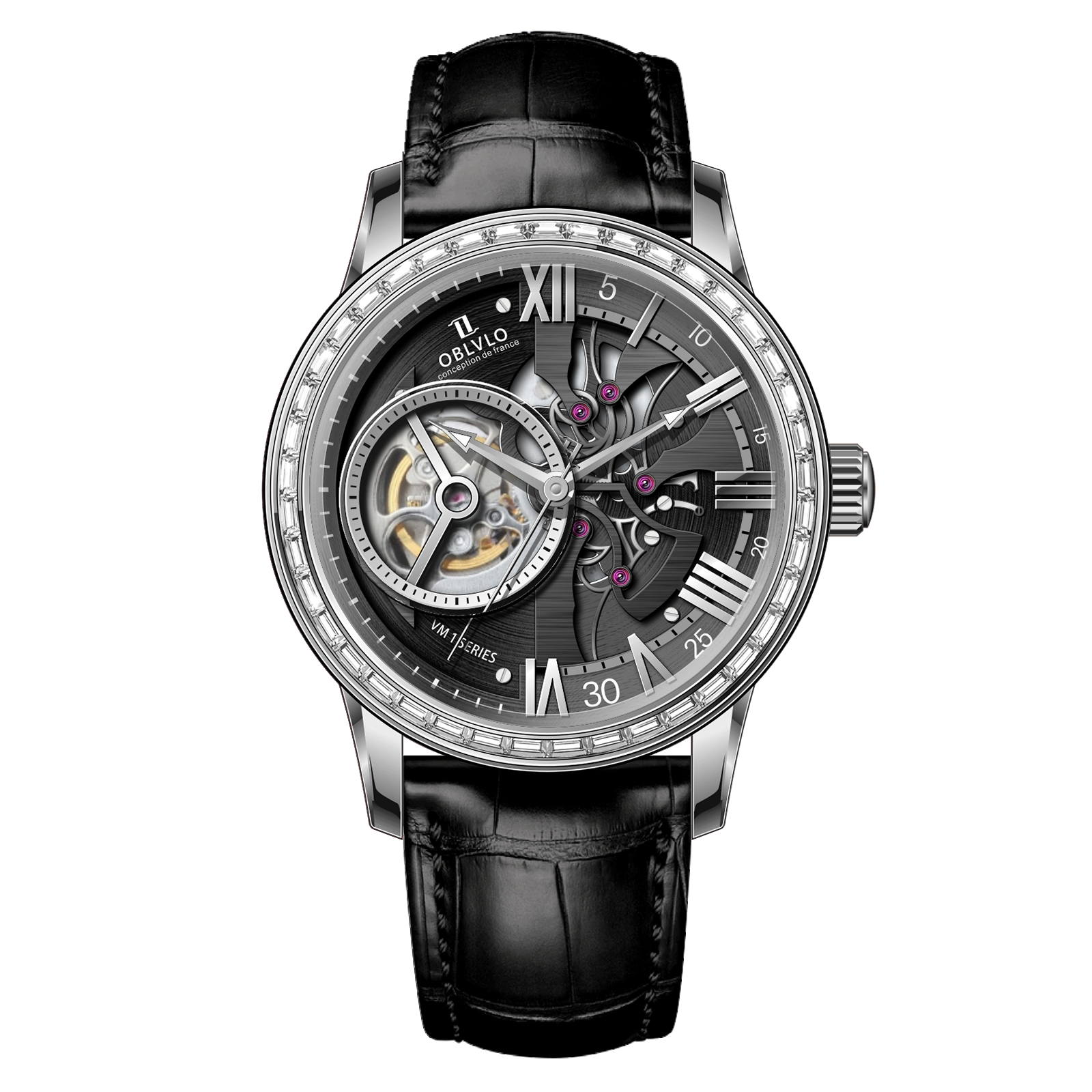 Black Dial 42mm Automatic Mechanical Tourbillon Style Watch For Men - Steel / Zirconia Bezel Dress Watches - OBLVLO VMQ