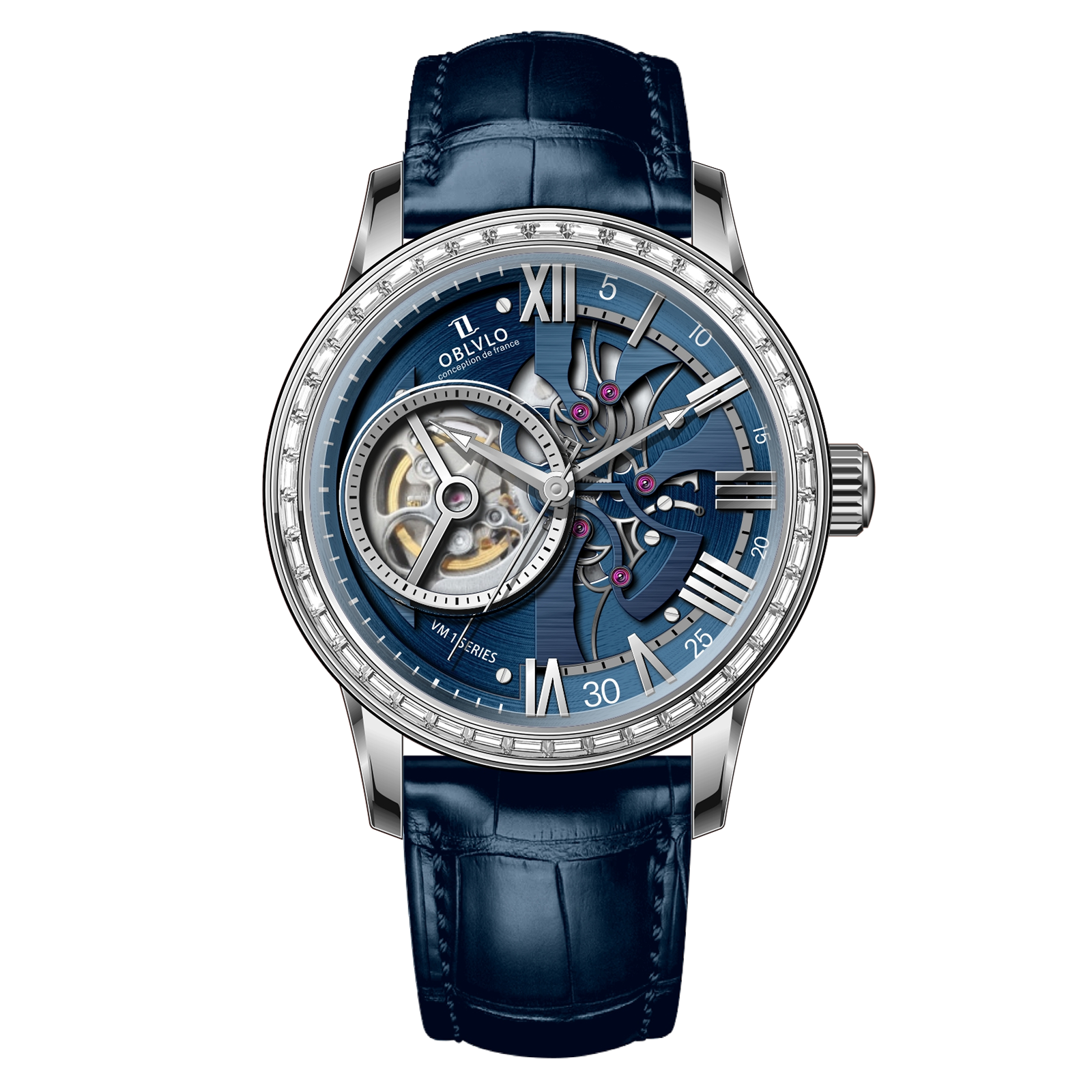 Best Affordable Luxury Rose Gold Zirconia Automatic Tourbillon Style Blue Dial Dress Watches For Men - OBLVLO VMQ Series
