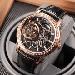 Luxury OBLVLO VM TB Rose Gold & Diamond Tourbillon Watches For Men - Fashion Casual Mens Wrist Watch