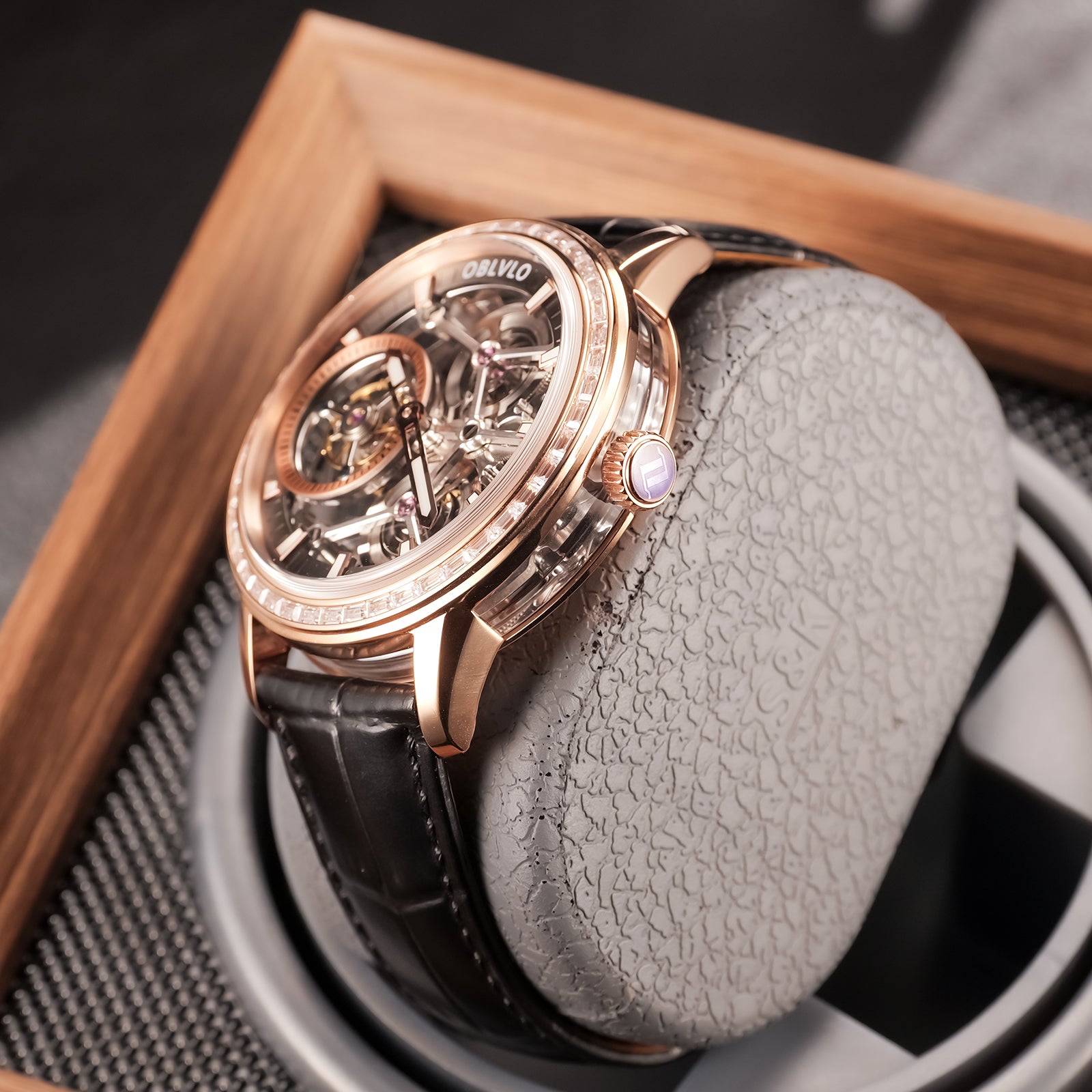 Luxury OBLVLO VM TB Rose Gold & Diamond Tourbillon Watches For Men - Fashion Casual Mens Wrist Watch