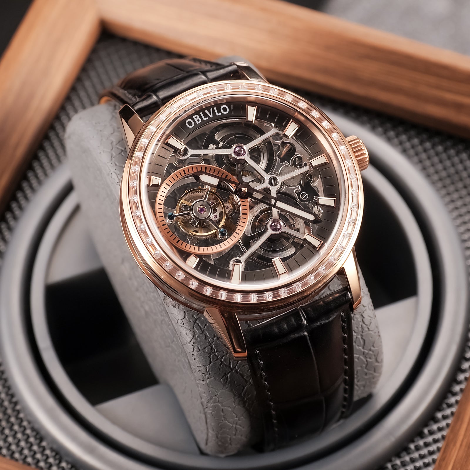 Luxury OBLVLO VM TB Rose Gold & Diamond Tourbillon Watches For Men - Fashion Casual Mens Wrist Watch