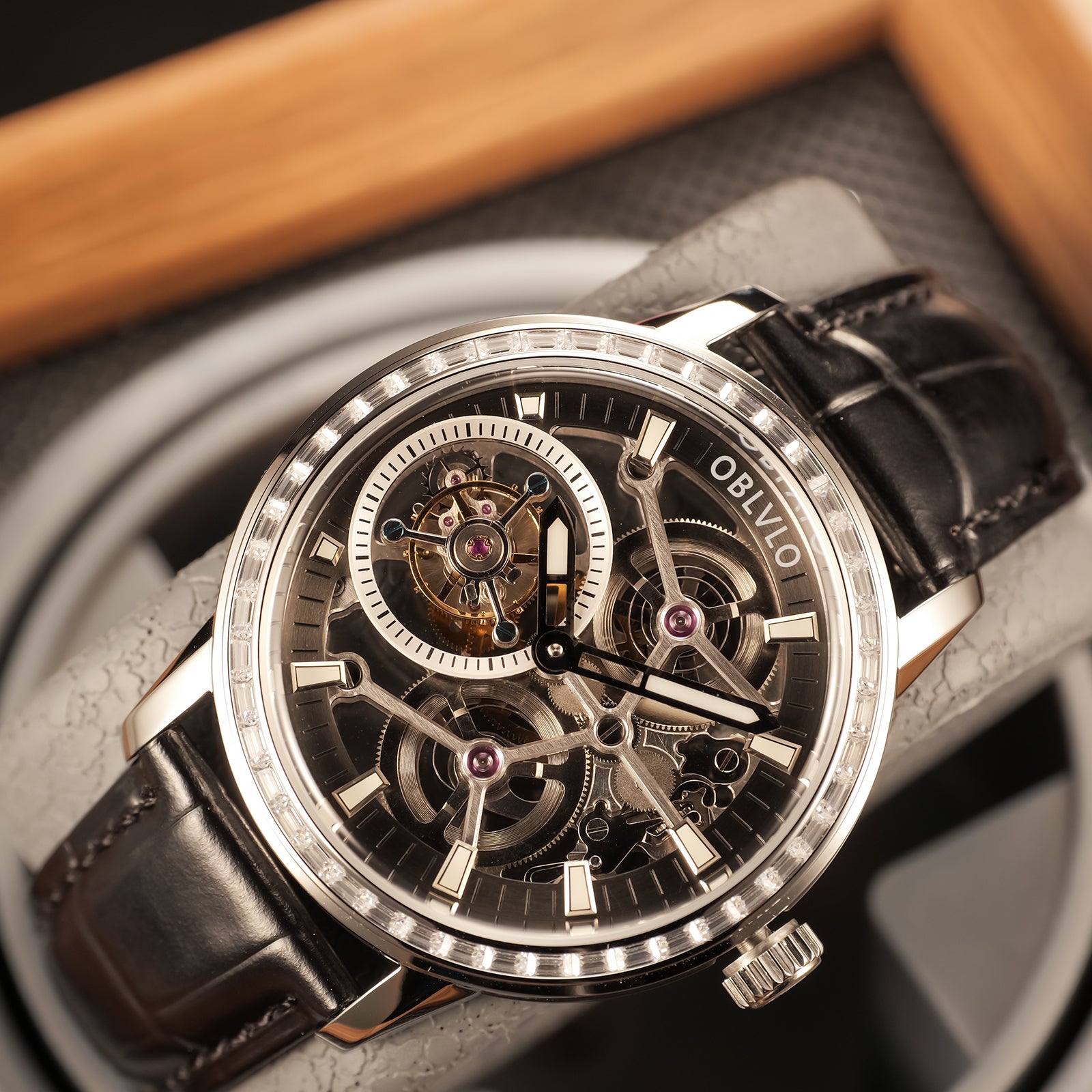 OBLVLO VM TB Men's Automatic Mechanical Tourbillon Skeleton Luxury Zirconium Diamond Inlaid Bezel Watch