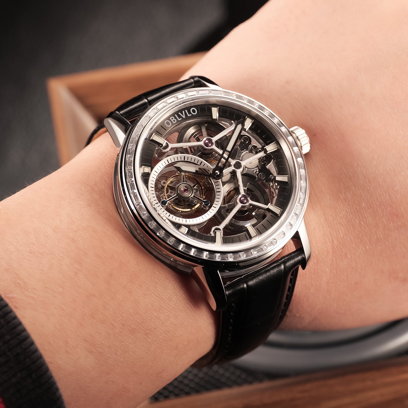 OBLVLO VM TB Men's Automatic Mechanical Tourbillon Skeleton Luxury Zirconium Diamond Inlaid Bezel Watch