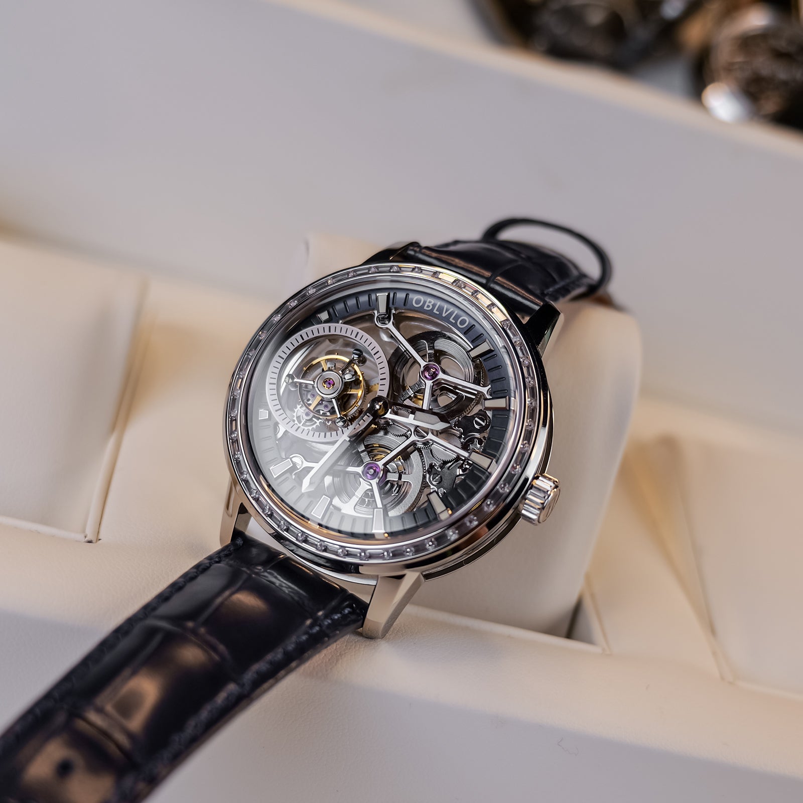 OBLVLO VM TB Men's Automatic Mechanical Tourbillon Skeleton Luxury Zirconium Diamond Inlaid Bezel Watch
