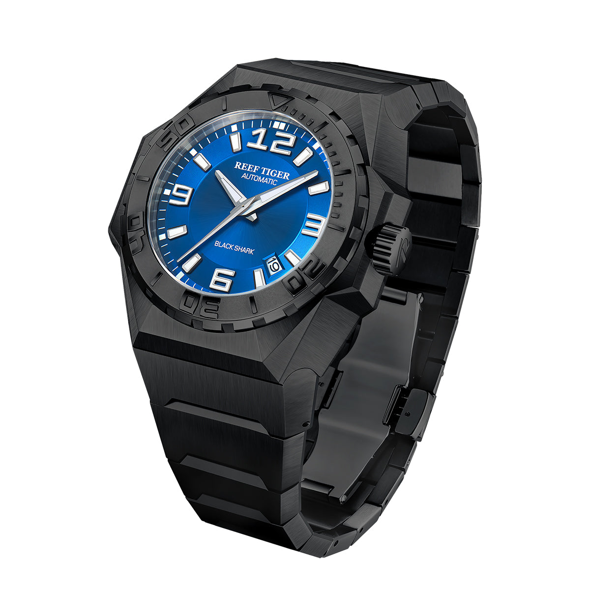 Reef Tiger RGA6903 Black Case Men Mechanical Watches Leather/Rubber/Stainless Steel Diving Watch - Blue Dial & 200M Waterproof