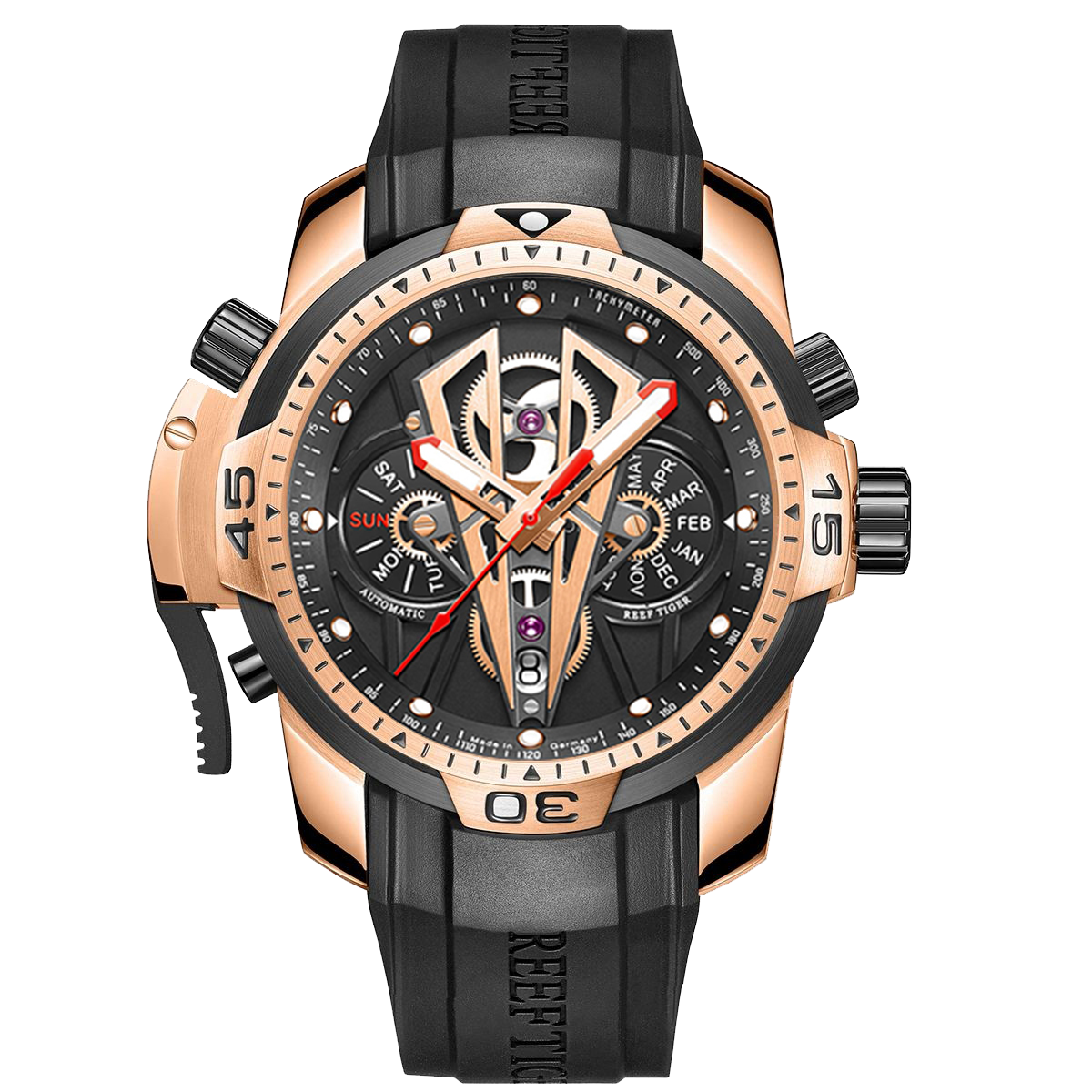 Reef Tiger Aurora Concept 2 RGA3591 Skeleton Automatic Self-Winding Waterproof Watches for Men - Rose Gold Stainless Steel Case/Strap