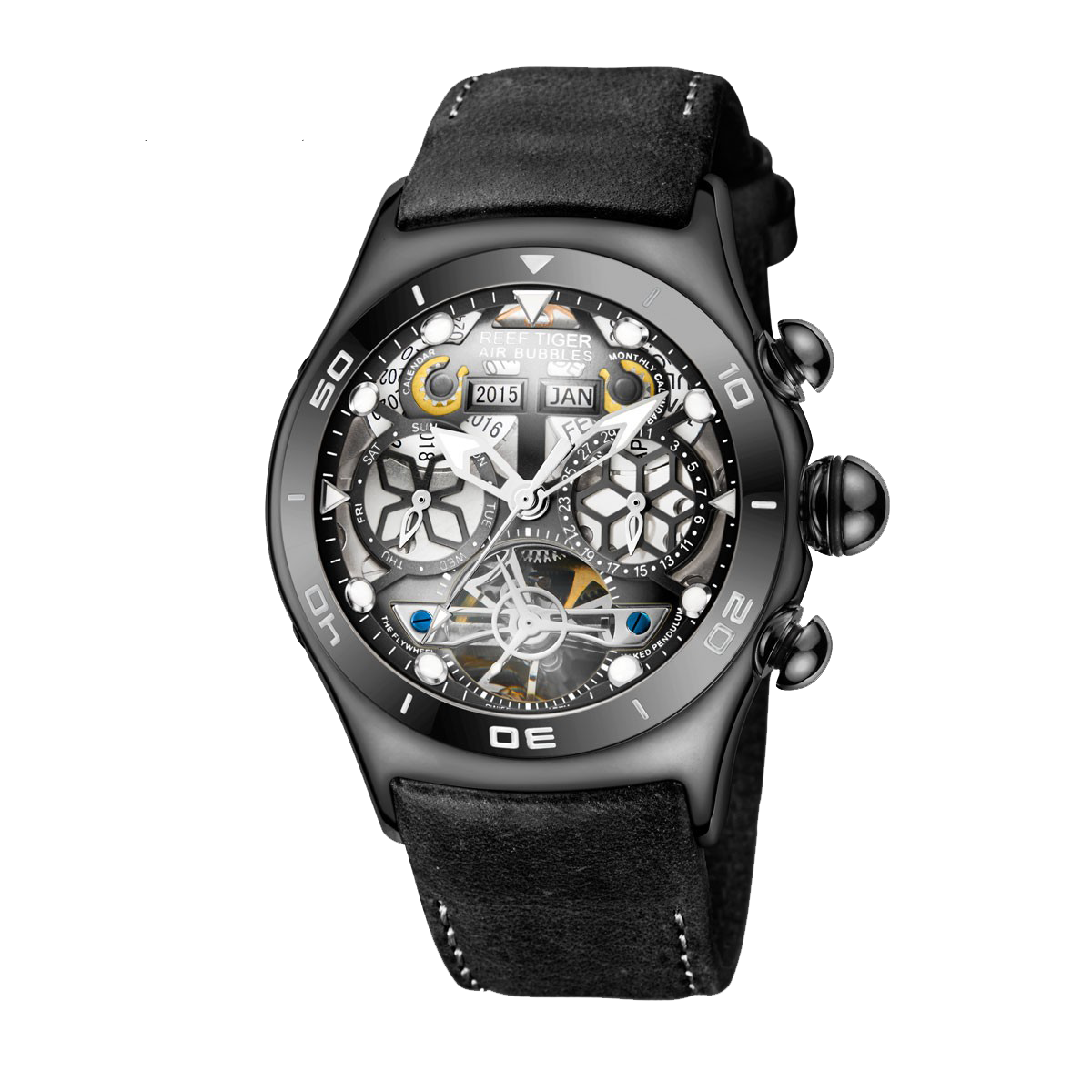 All Black Reef Tiger RGA703 Men Sport Automatic Skeleton Watch with Date Day